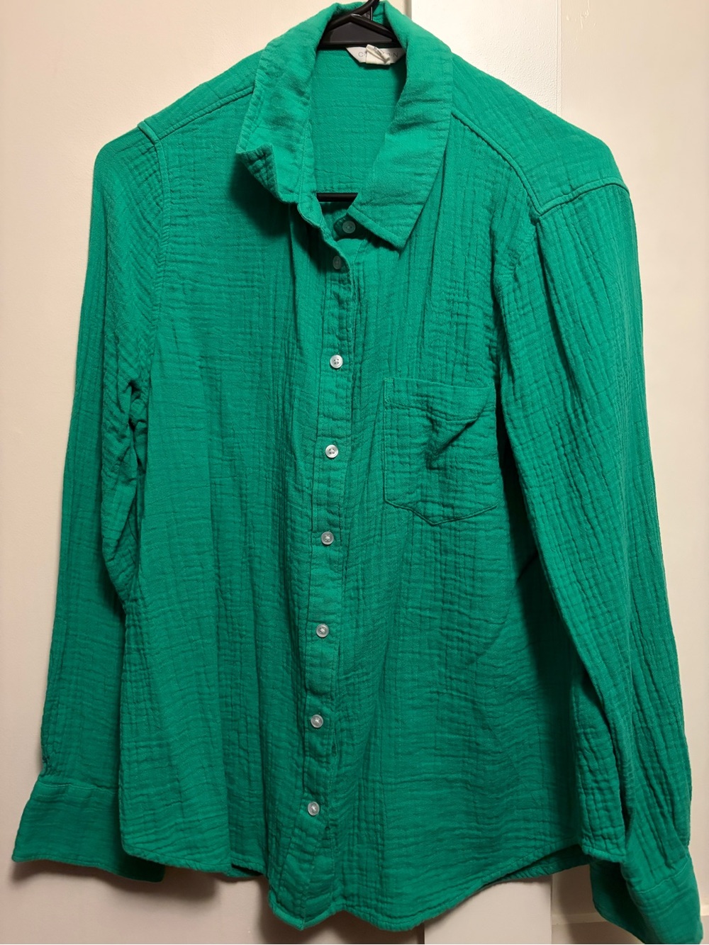100% Cotton-Green Textured Button-Down Shirt